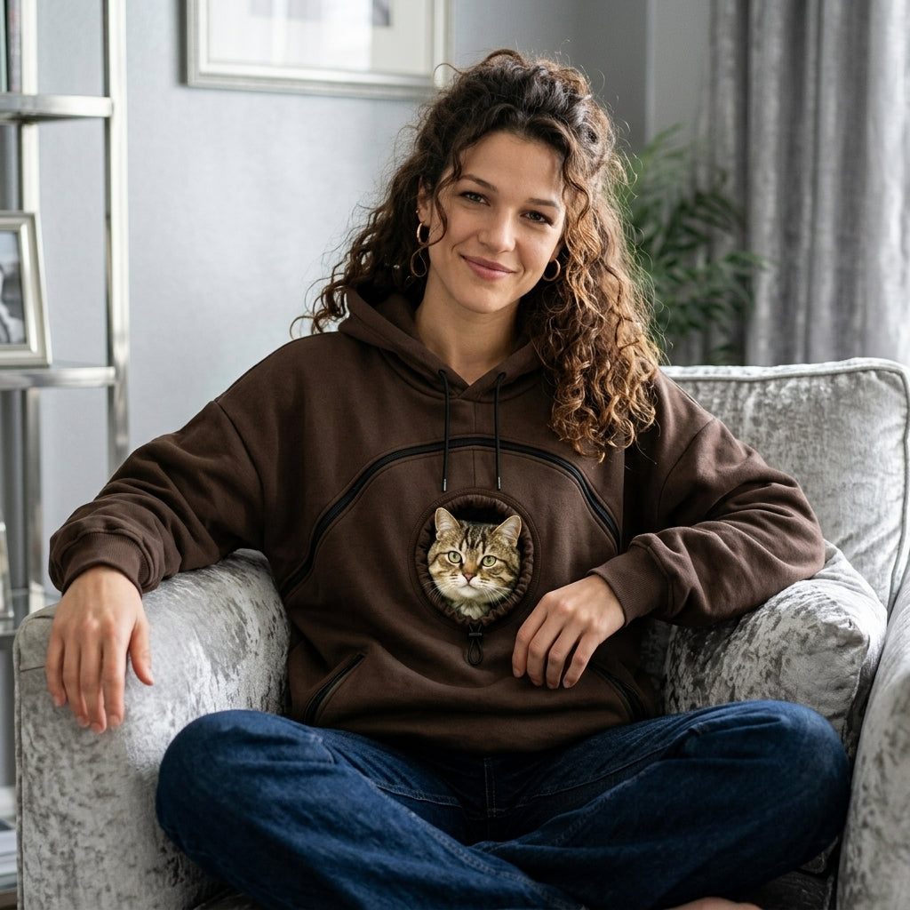 Hooded Casual Sweatshirt With Cat Pocket