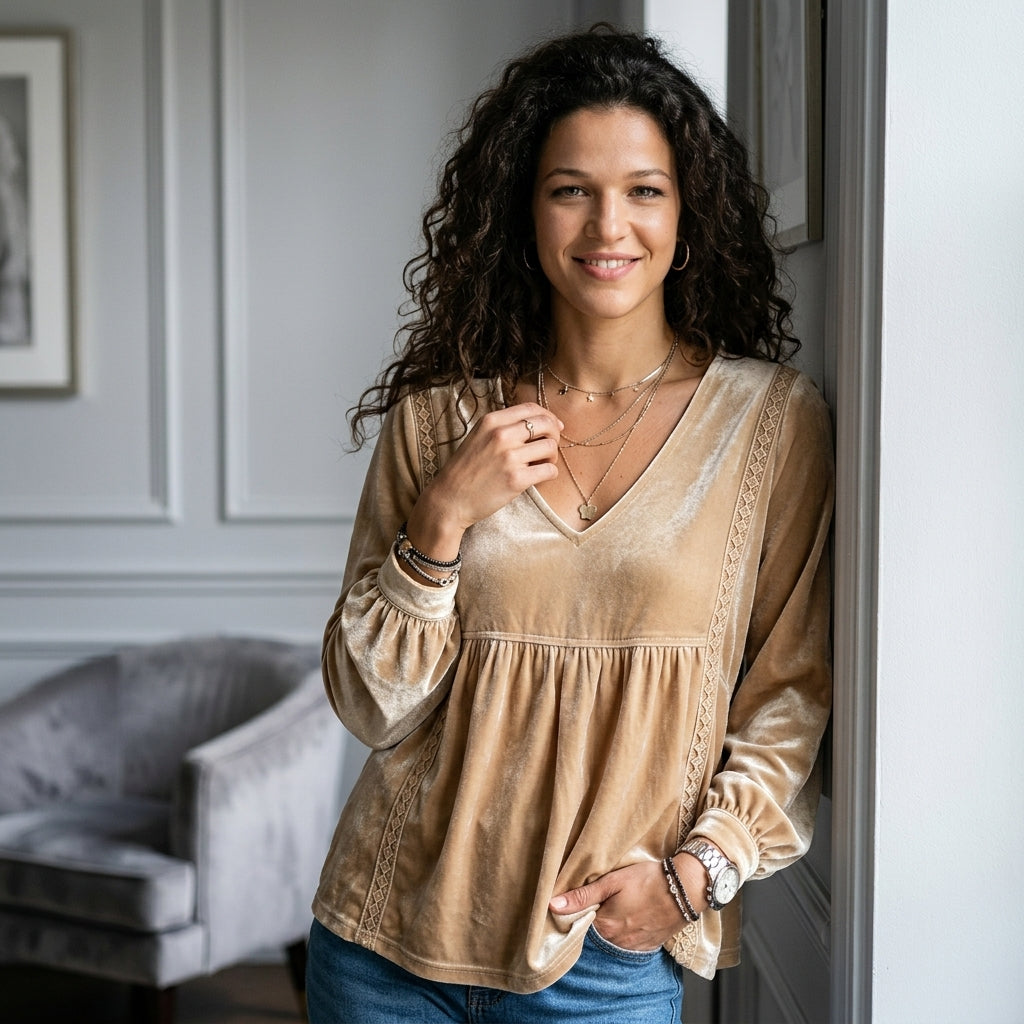 Velvet Lace Detail V-Neck Blouse