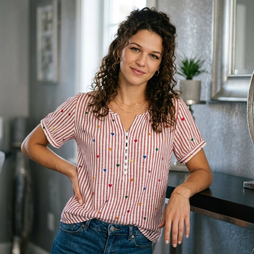 Heart Striped Short Sleeve Blouse