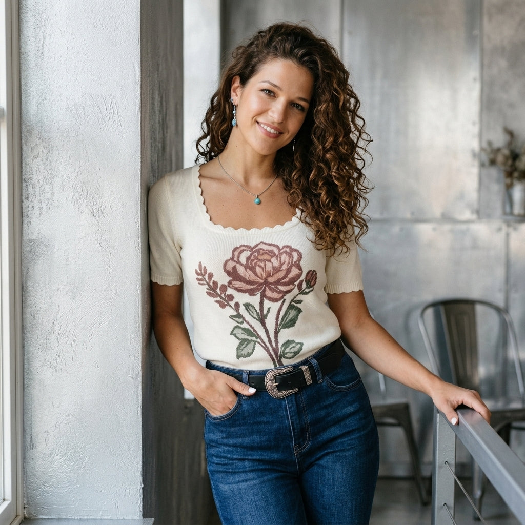 Flower Scalloped Short Sleeve Knit Top