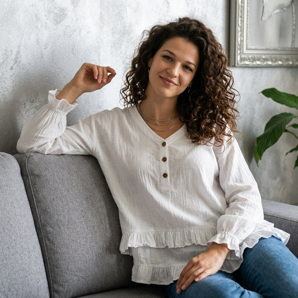 V-Neck Long Sleeve Button Detail Ruffled Hem Blouse