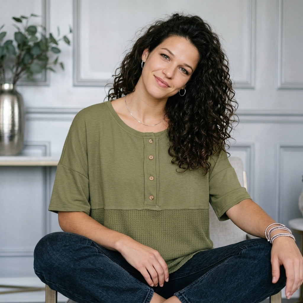 Waffle Knit Button Top