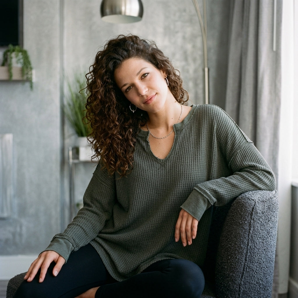 Waffle-Knit Notched Long-Sleeve Tee