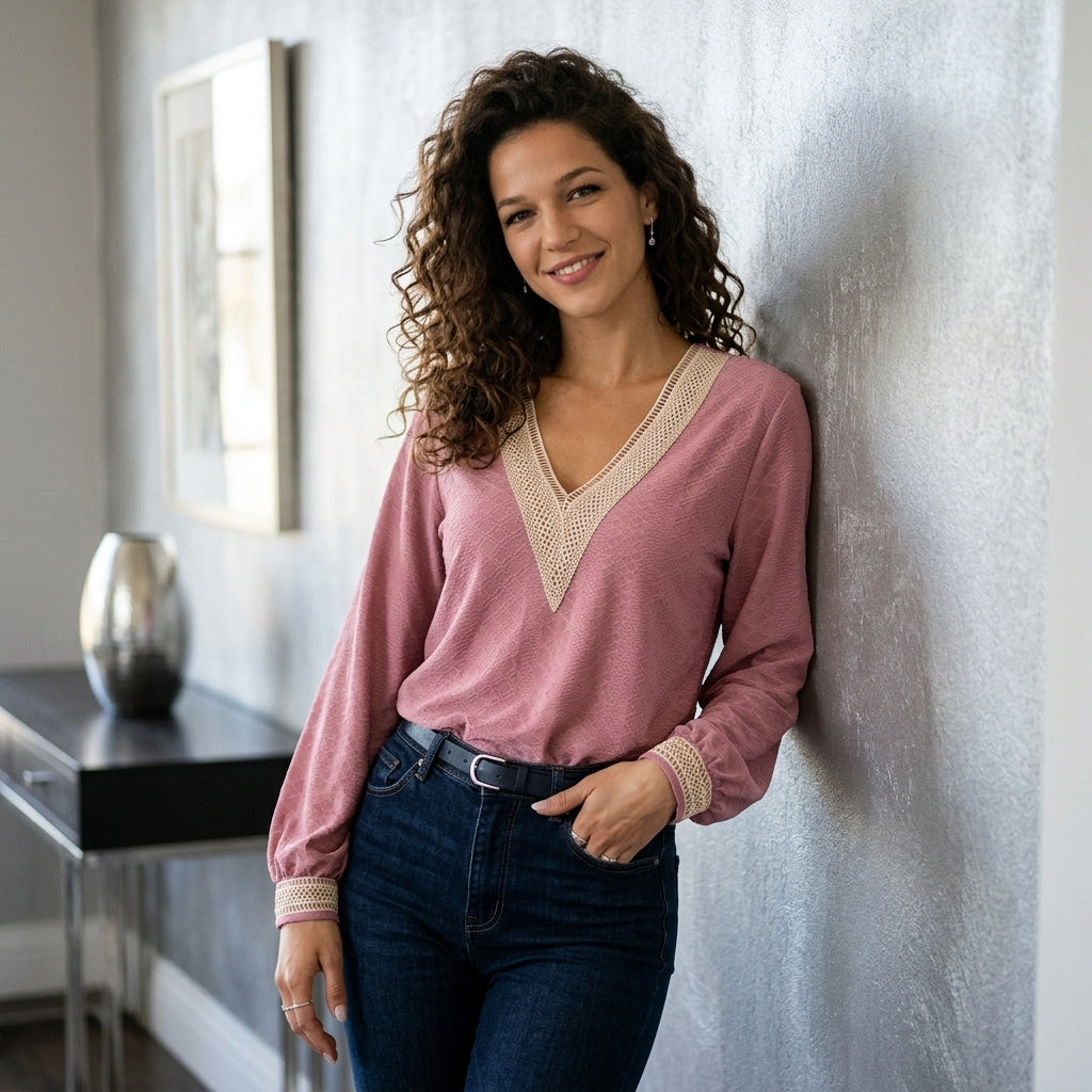 Openwork V-Neck Long-Sleeve Tee