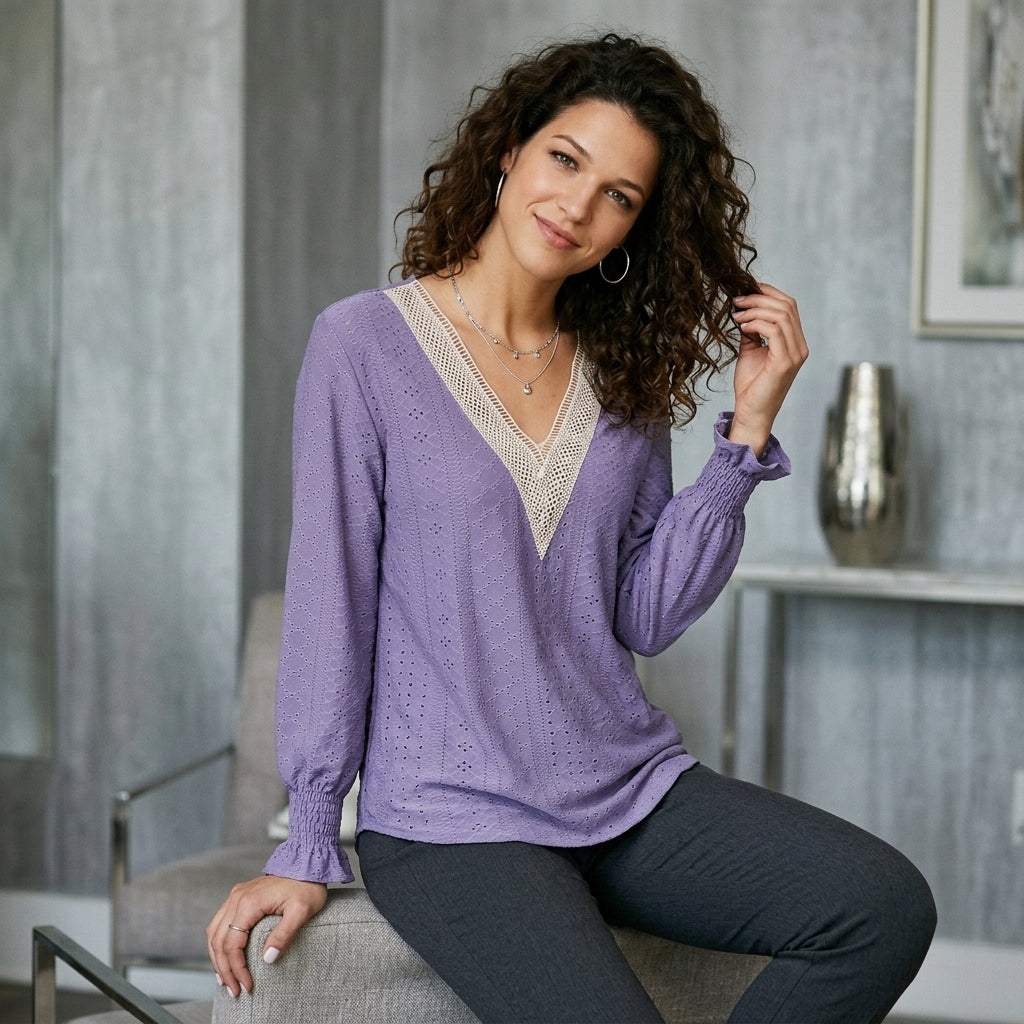Eyelet Flounce-Sleeve Top
