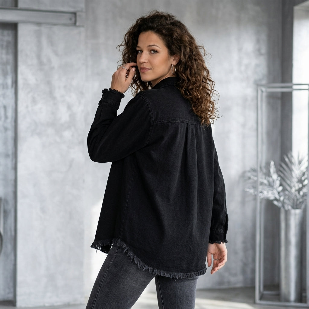 Raw Hem Button Up Long Sleeve Denim Jacket with Sequin Pockets