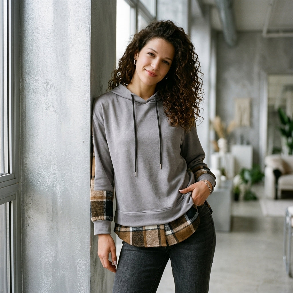 Plaid Hooded Velvet Sweatshirt