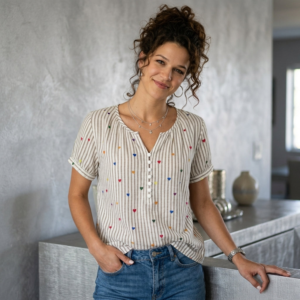 Heart Striped Short Sleeve Blouse