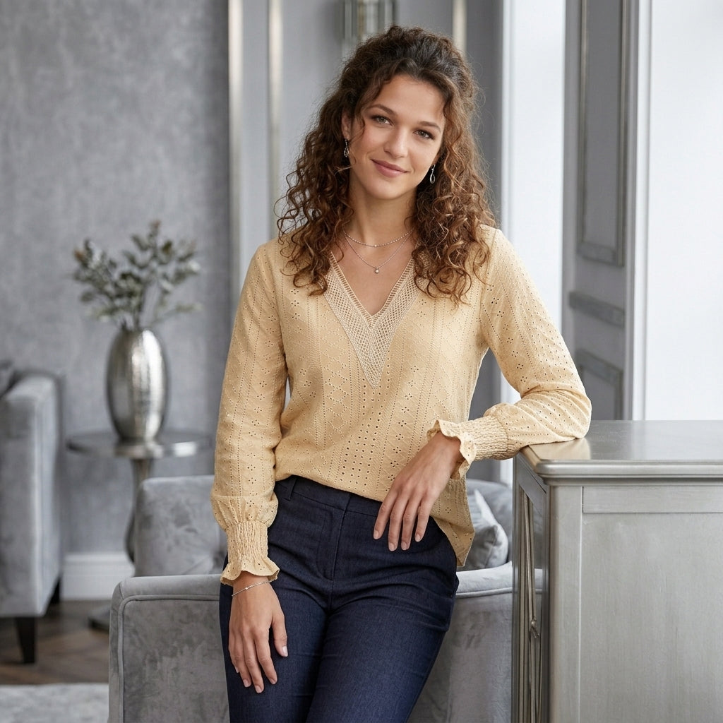 Eyelet Flounce-Sleeve Top