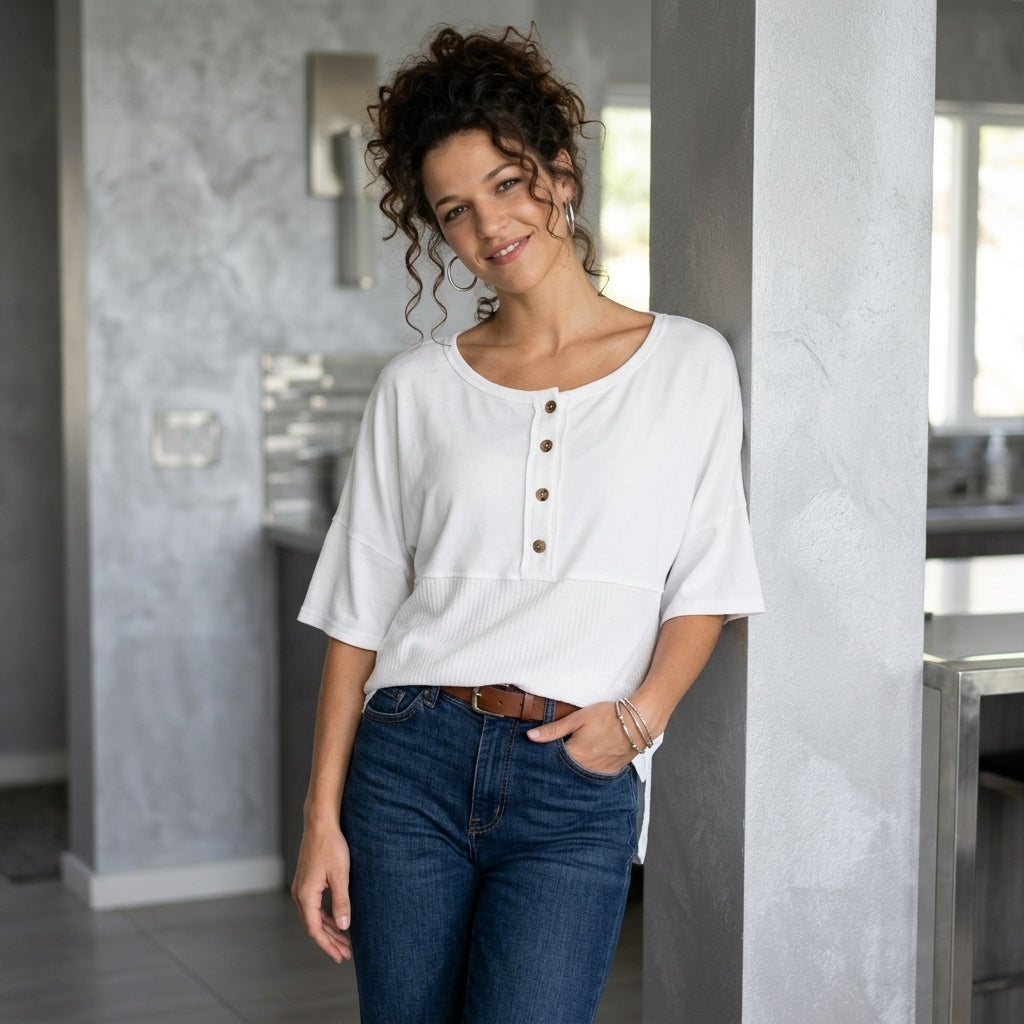 Waffle Knit Button Top