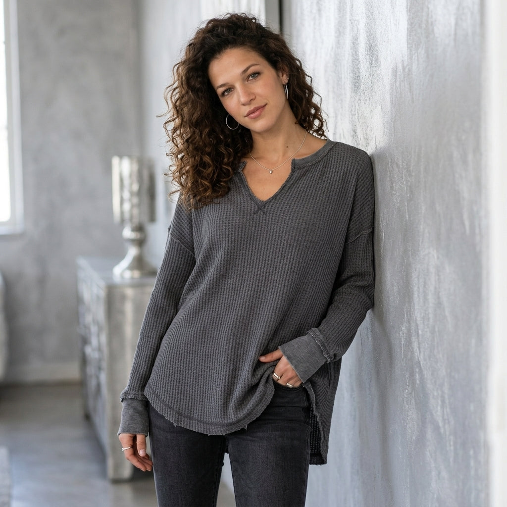 Waffle-Knit Notched Long-Sleeve Tee