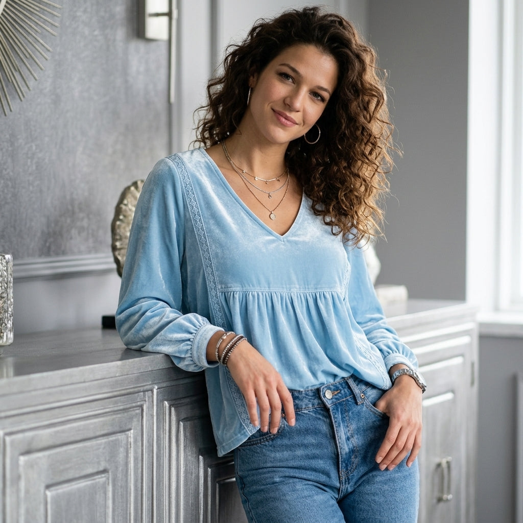 Velvet Lace Detail V-Neck Blouse