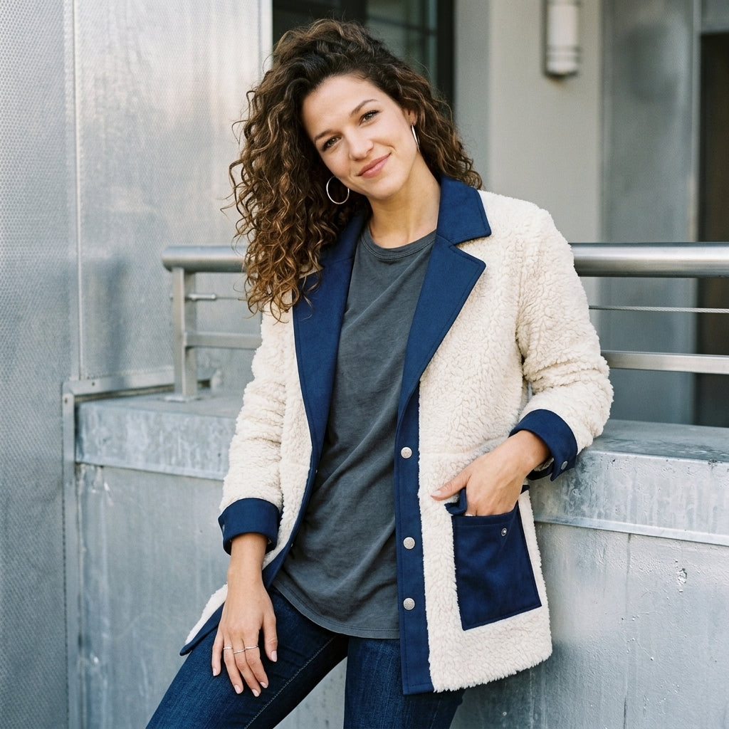 Lapel Lamb Wool Patchwork Faux Denim Cardigan