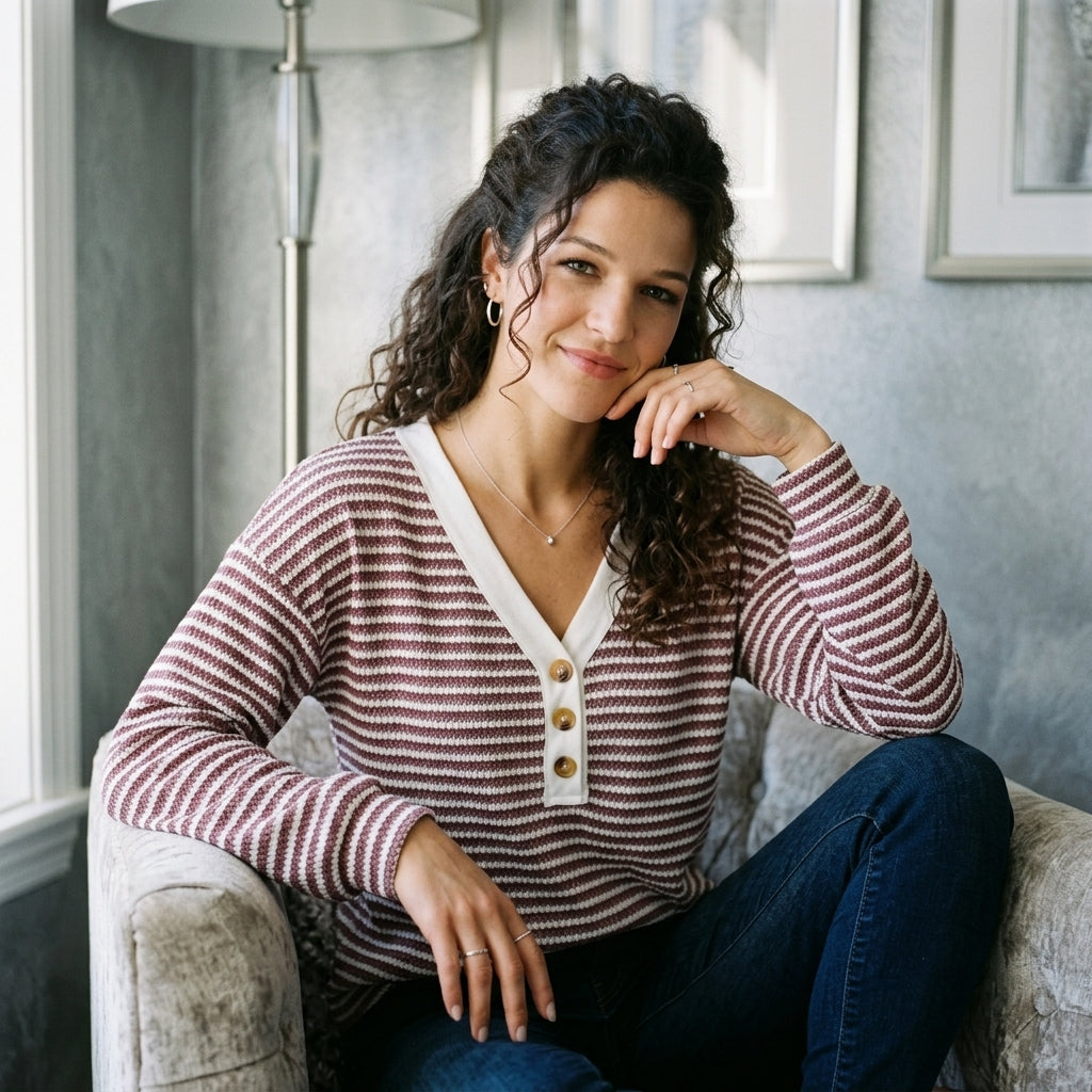 Striped Button-Front V-Neck Top