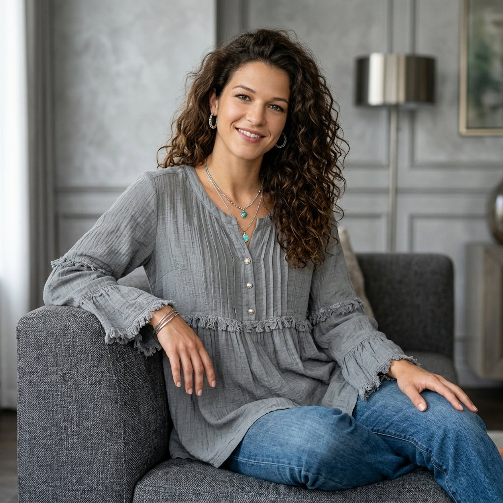 Fringe Trim Ruffle Sleeve Blouse