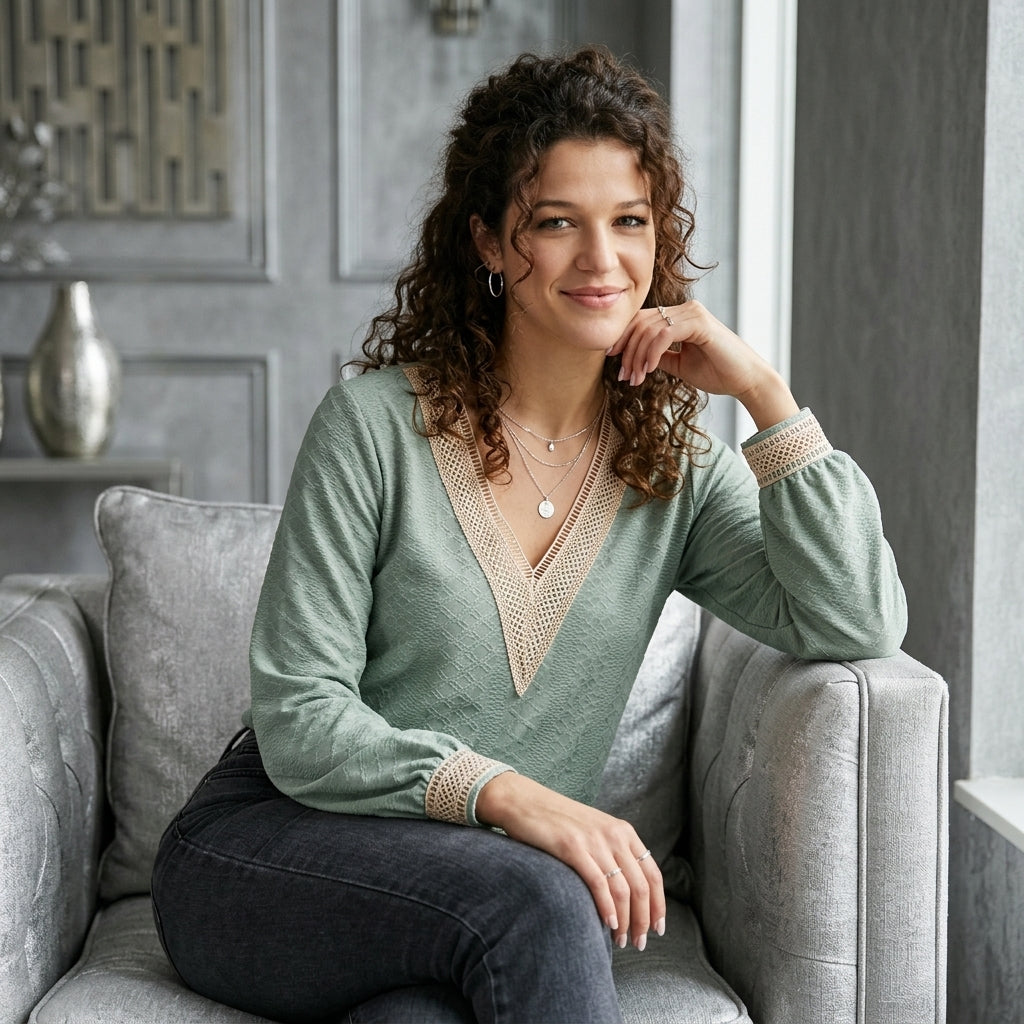 Openwork V-Neck Long-Sleeve Tee