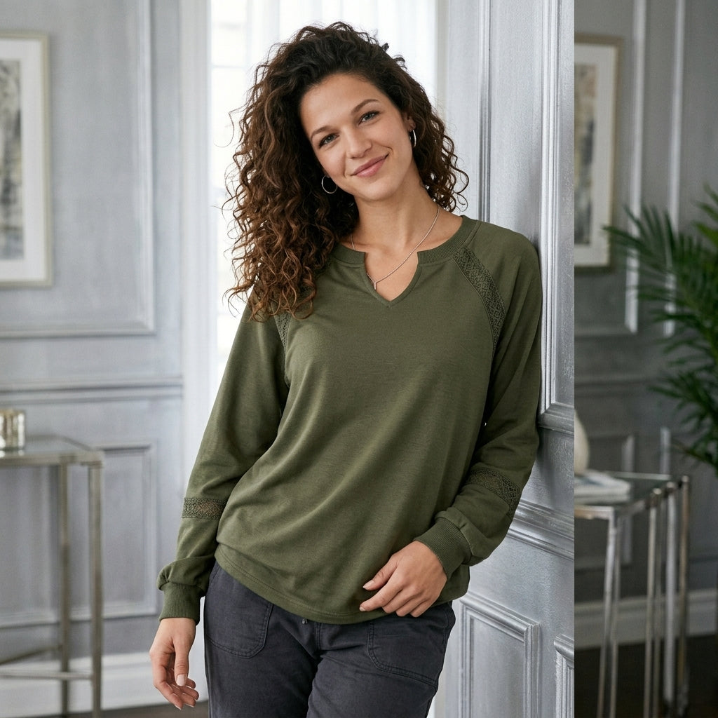 Lace-Trim Notched Sweatshirt