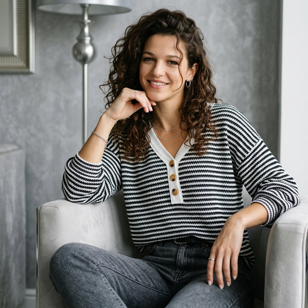 Striped Button-Front V-Neck Top