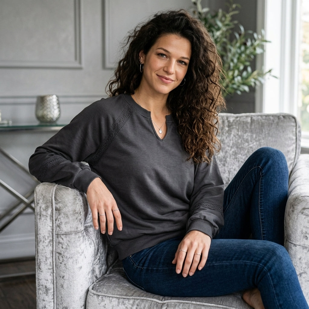 Lace-Trim Notched Sweatshirt