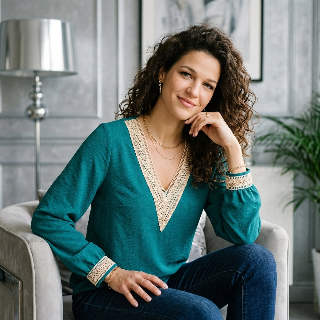 Openwork V-Neck Long-Sleeve Tee