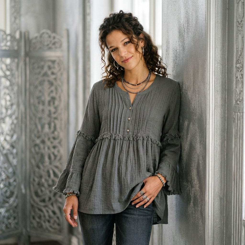 Fringe Trim Ruffle Sleeve Blouse