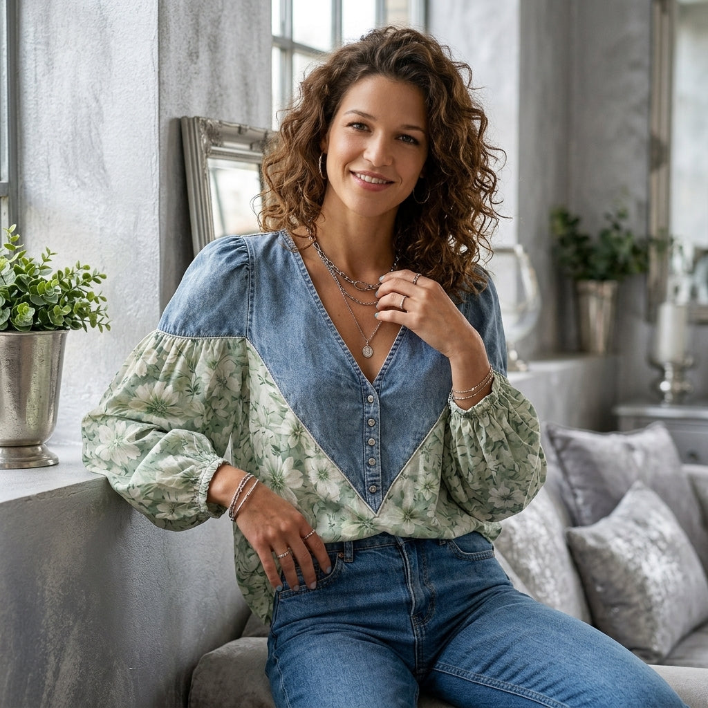 Denim Patchwork Floral Denim Top