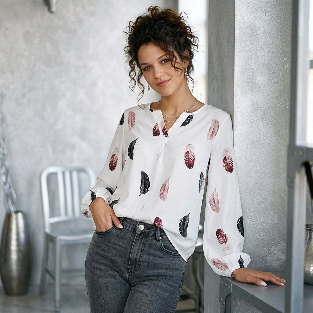 Feather Print Balloon-Sleeve Top