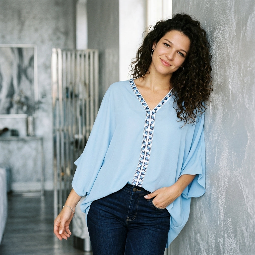 Oversized Contrast V-Neck Blouse