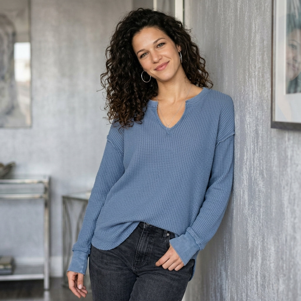 Waffle-Knit Notched Long-Sleeve Tee