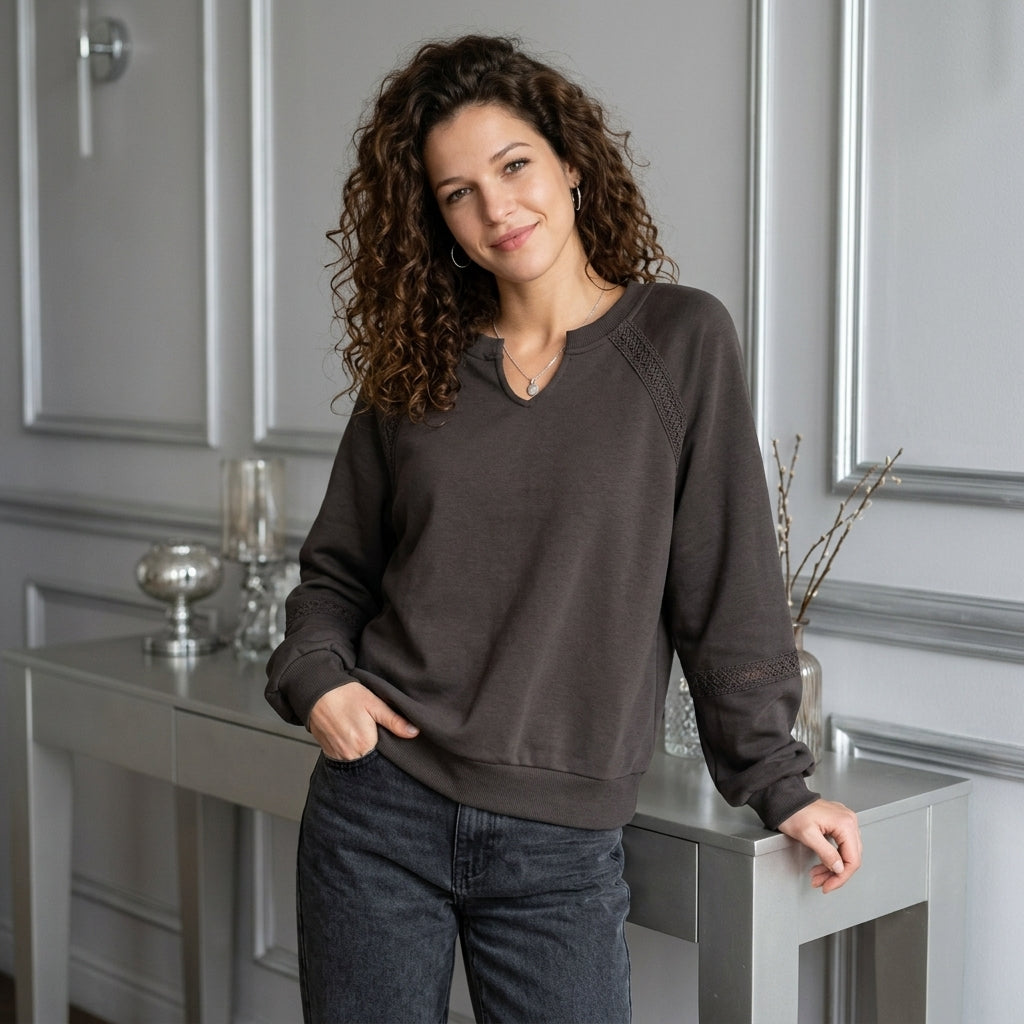 Lace-Trim Notched Sweatshirt