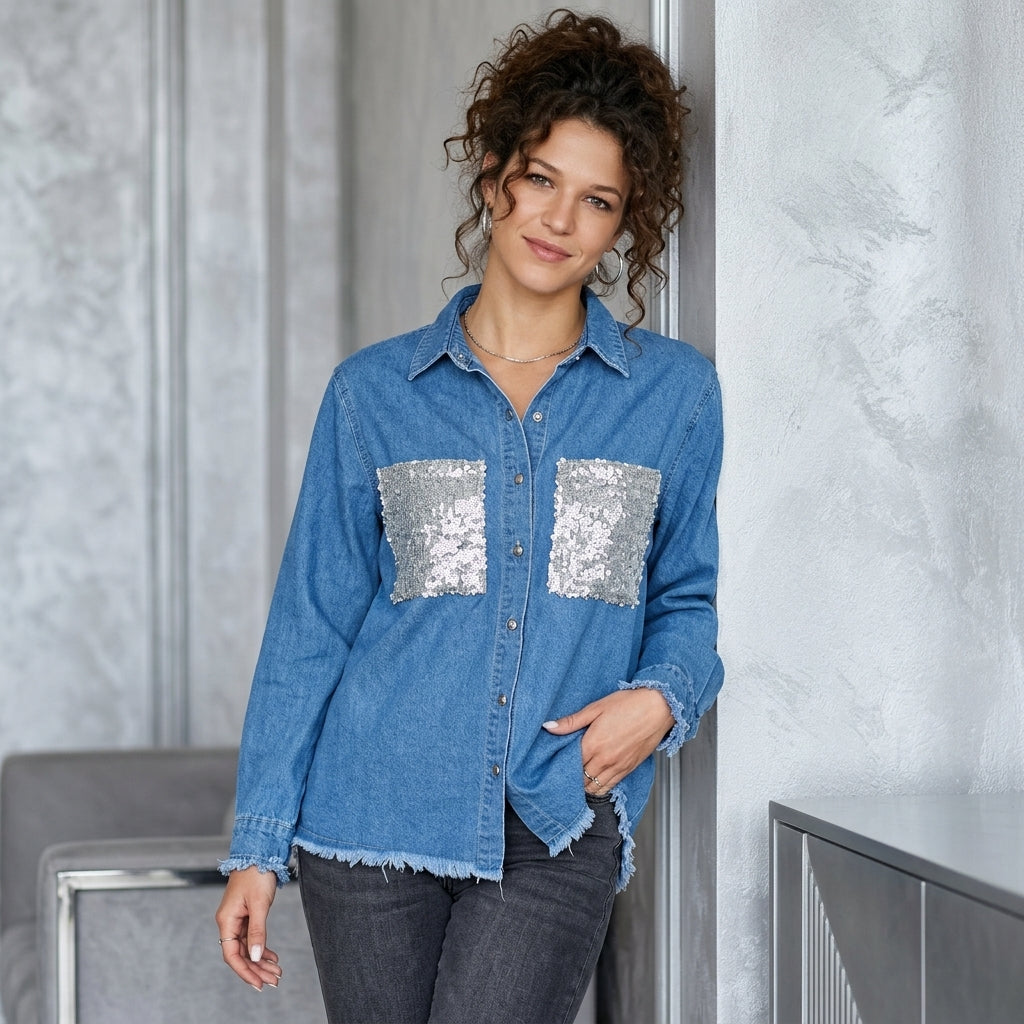 Raw Hem Button Up Long Sleeve Denim Jacket with Sequin Pockets