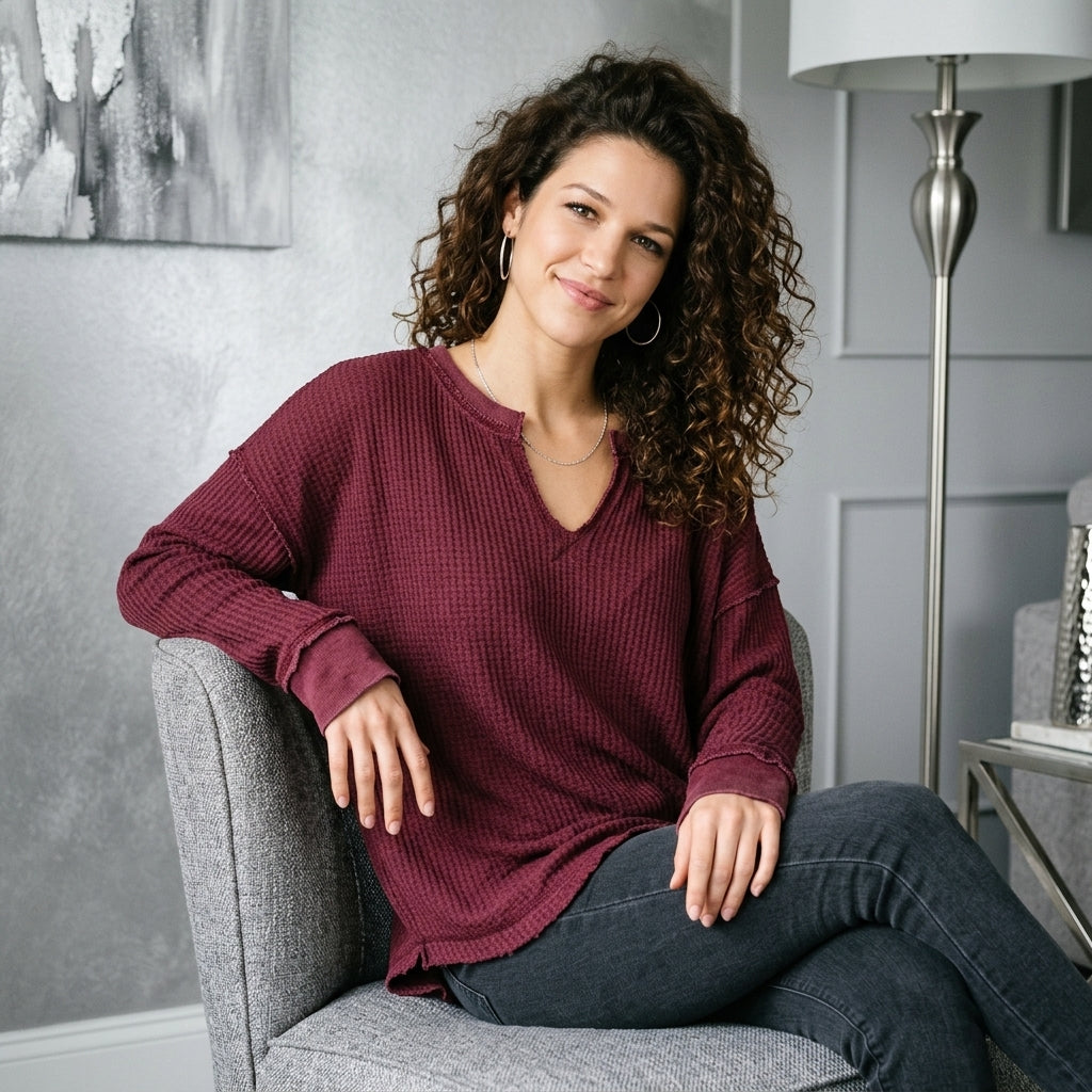 Waffle-Knit Notched Long-Sleeve Tee