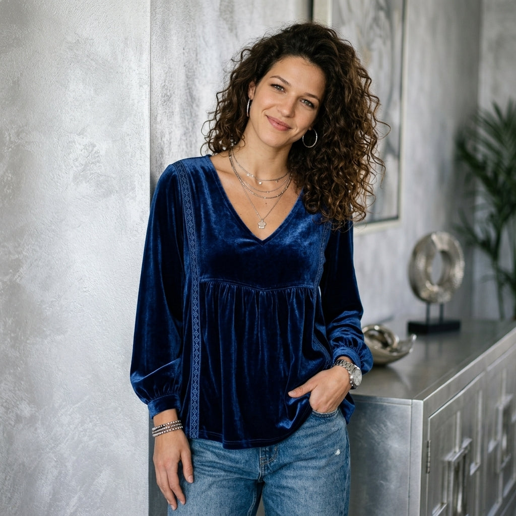 Velvet Lace Detail V-Neck Blouse