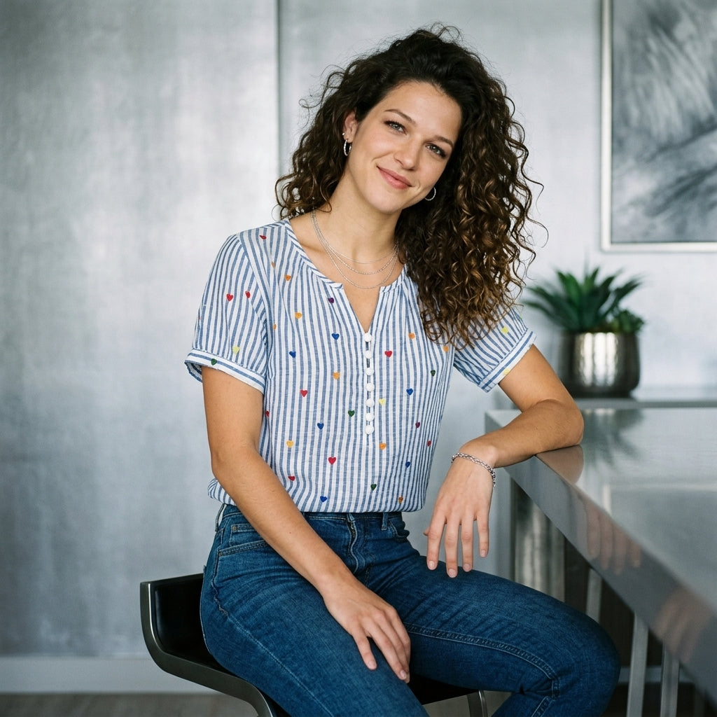 Heart Striped Short Sleeve Blouse