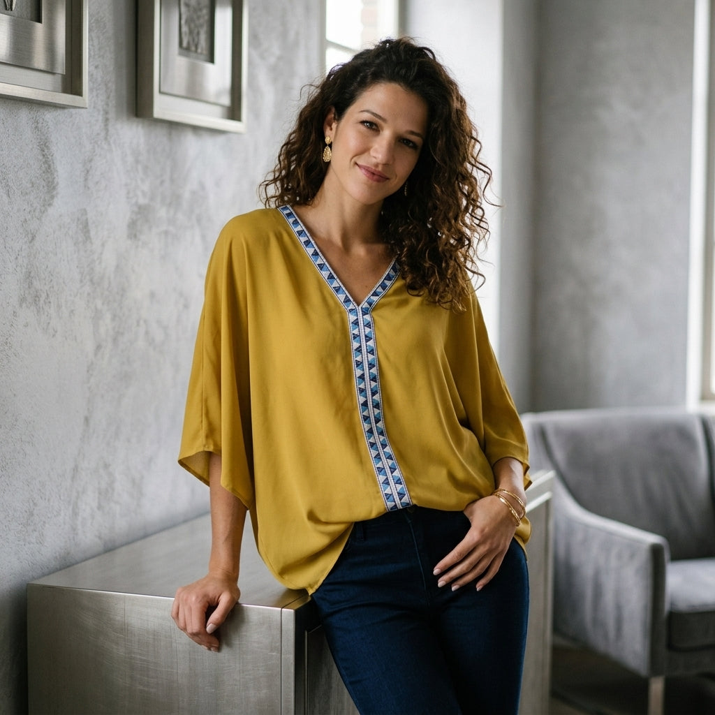 Oversized Contrast V-Neck Blouse