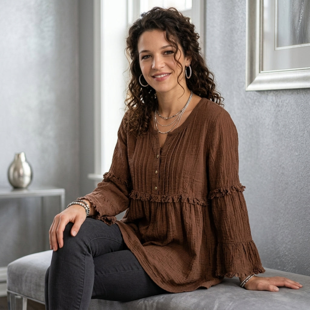 Fringe Trim Ruffle Sleeve Blouse