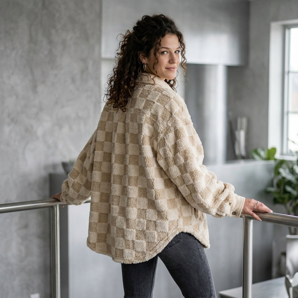 Double Take Button Up Fuzzy Checkered Shacket