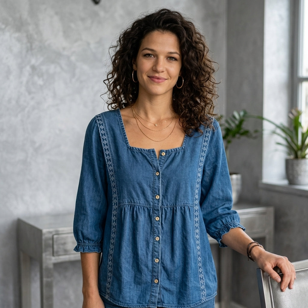Square Neck Button-Down Denim Shirt