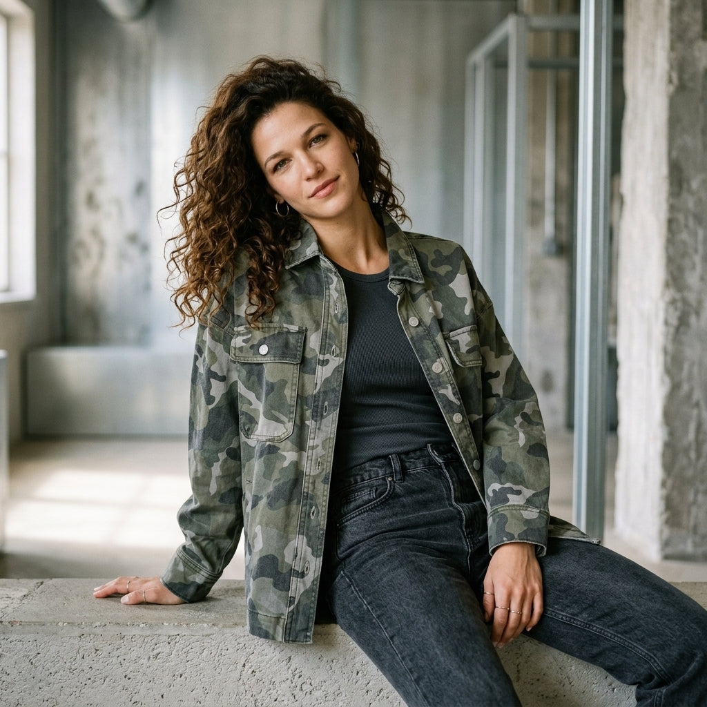 Camouflage Print Button Up Denim Jacket