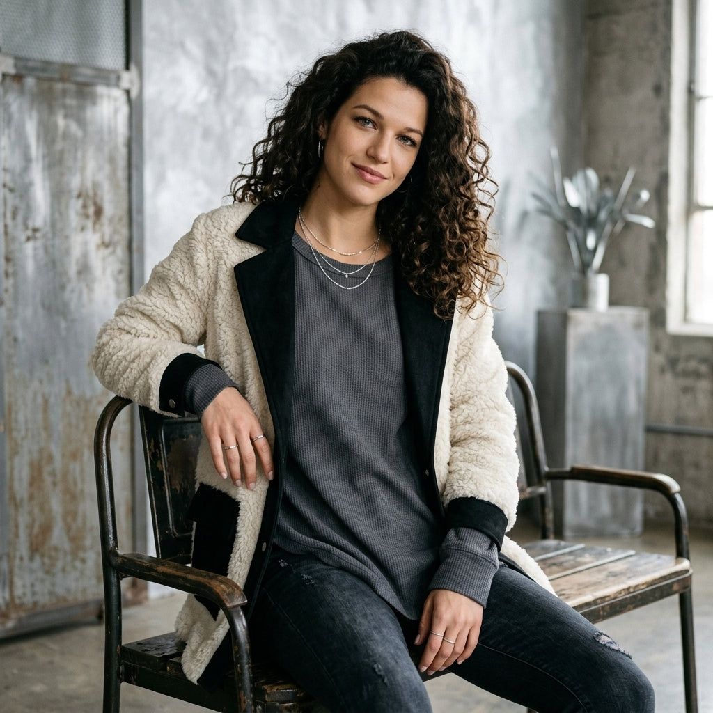 Lapel Lamb Wool Patchwork Faux Denim Cardigan