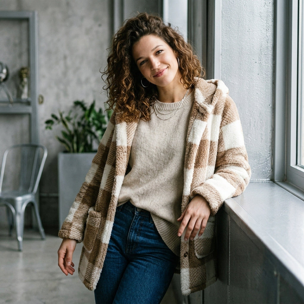 Hooded Plaid Plush Coat