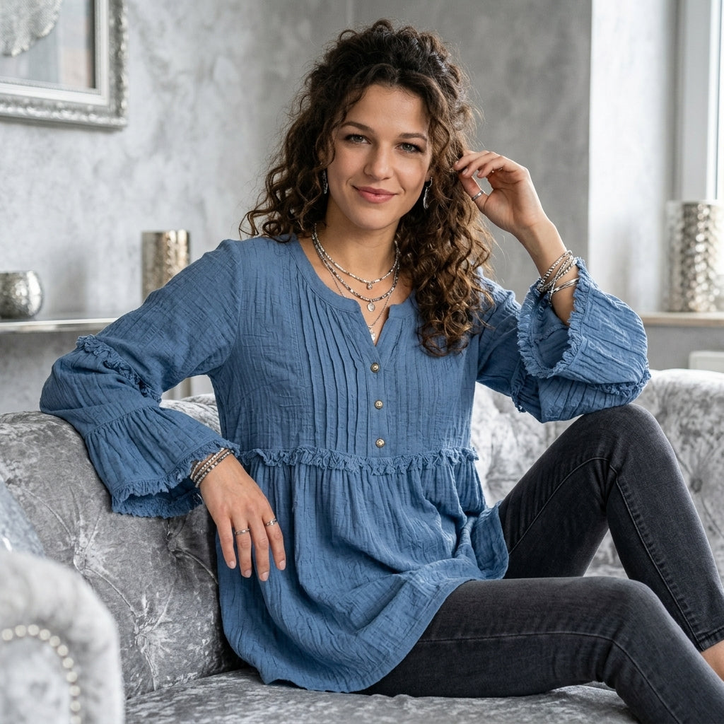 Fringe Trim Ruffle Sleeve Blouse