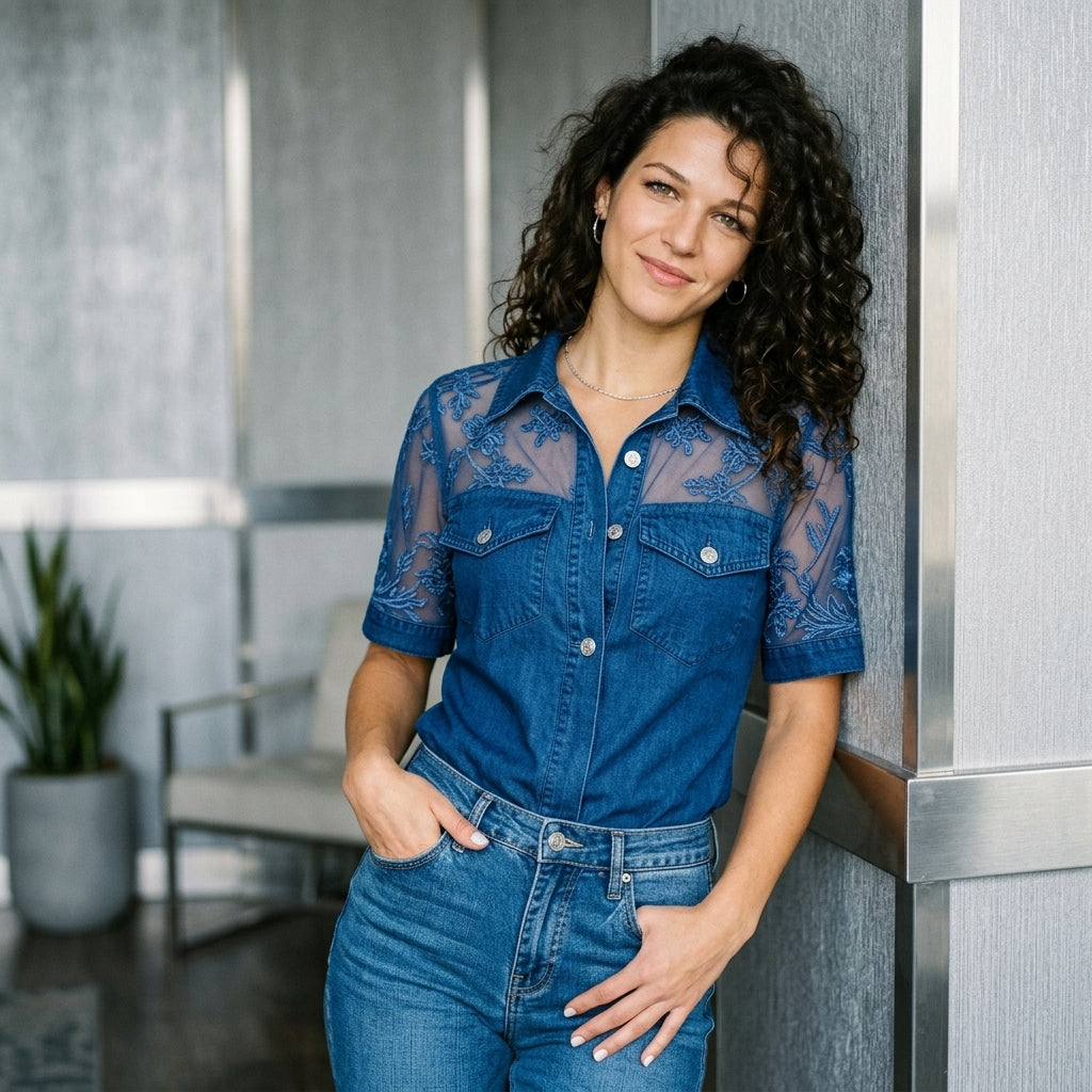 Denim Look Lace Short Sleeve Shirt