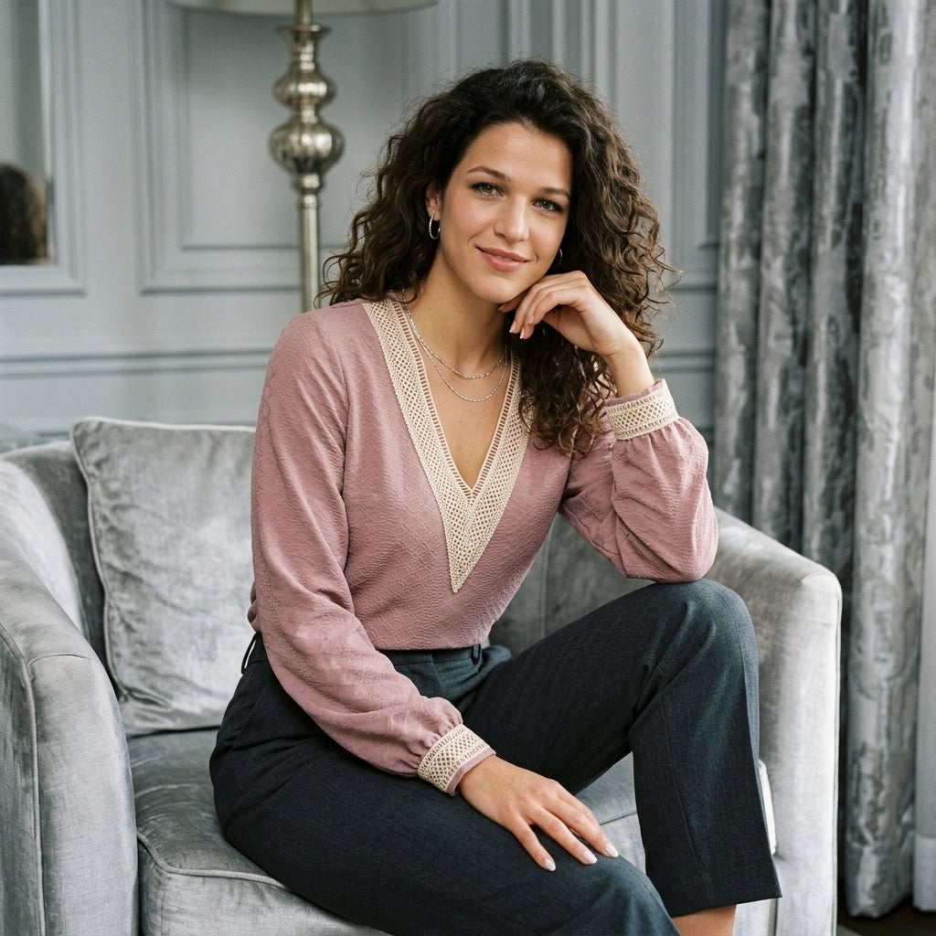 Openwork V-Neck Long-Sleeve Tee